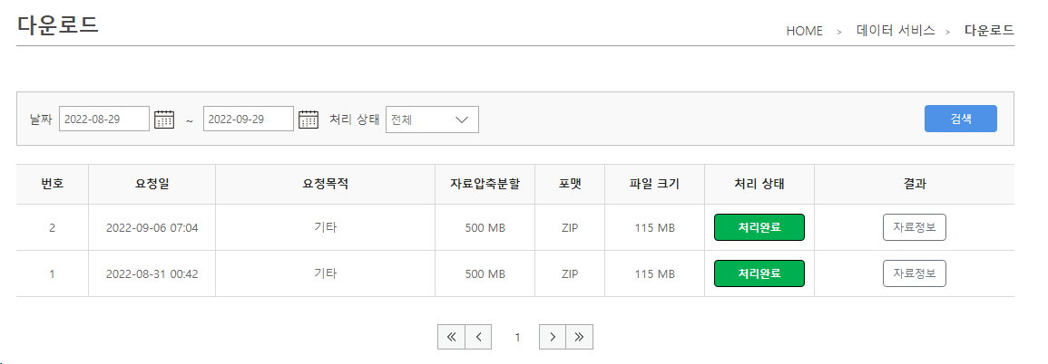 위성자료서비스 다운로드 화면